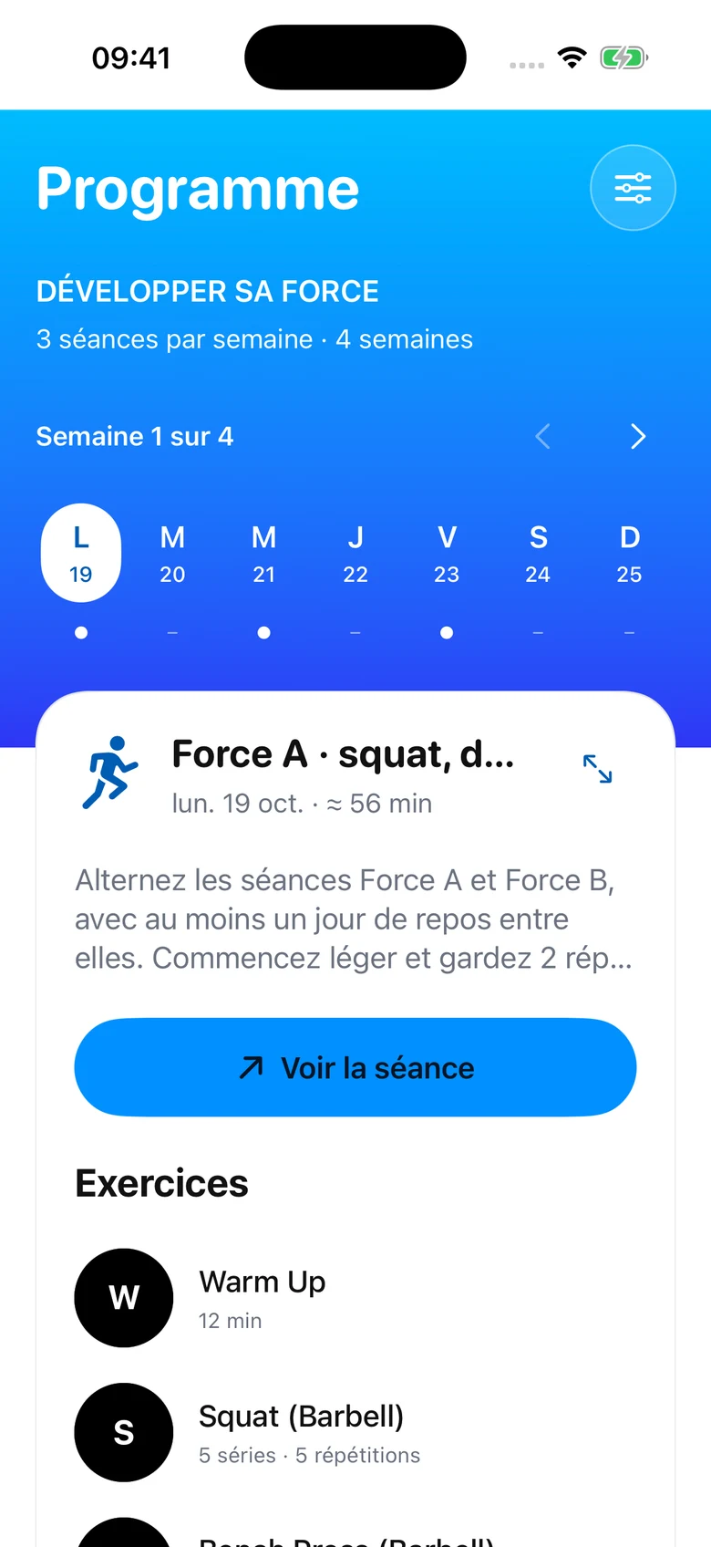 Écran de programme sur quatre semaines