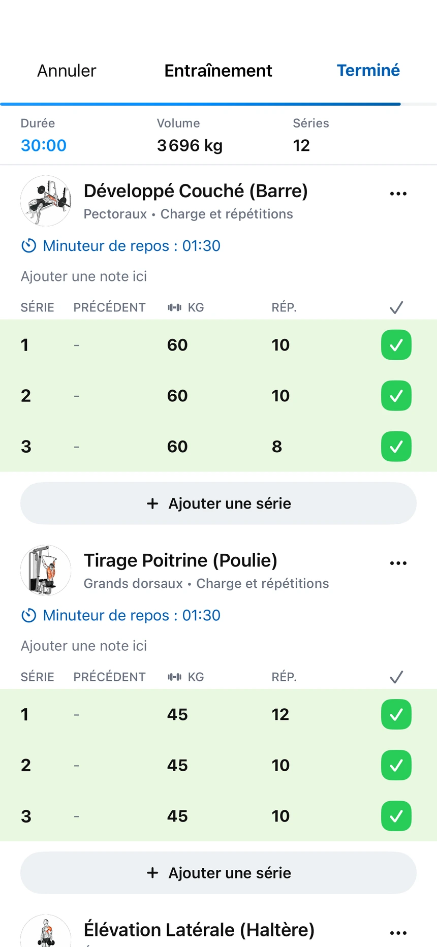 Séance d’exemple Bornlift : 30 minutes, développé couché à 60 kg et tirage poitrine à 45 kg, miniatures et séries validées